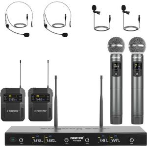 Phenyx Pro Wireless Microphone System, 4-Channel Wireless Mic Set with Handheld/Bodypack/Headset/Lapel Mics, Cordless Microphone for Singing, Karaoke, Church (PTU-5200-2H2B)