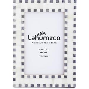 4x6 Checked Pattern Picture Frame Handmade Beading Art Vintage Table-Top/Wall Dcor Boho Bone Photo Frames -Gray/White