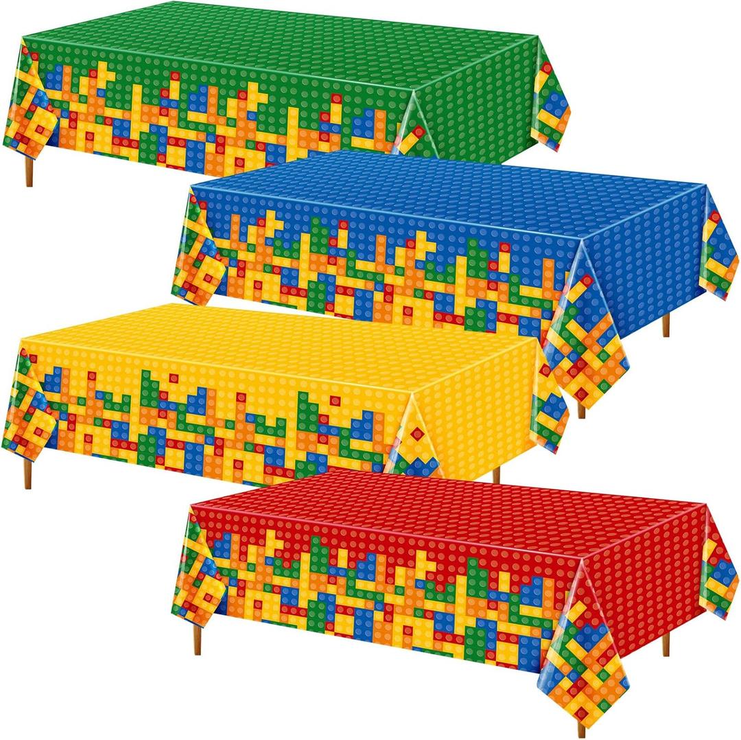 Oudain 4 Pcs Building Block Tablecloths - Colorful Birthday Party Decorations 54 x 108 Inch Disposable Plastic Brick Table Cover - Waterproof Themed Party Supplies (Multicolor)