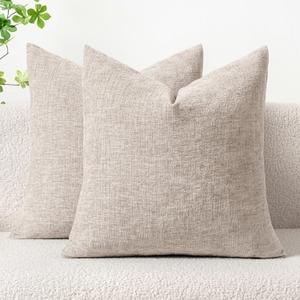 MIULEE Pack of 2 Light Brown Throw Pillow Covers 18x18 Inch Soft Chenille Pillow Covers for Sofa Living Room Couch Solid Dyed Cases