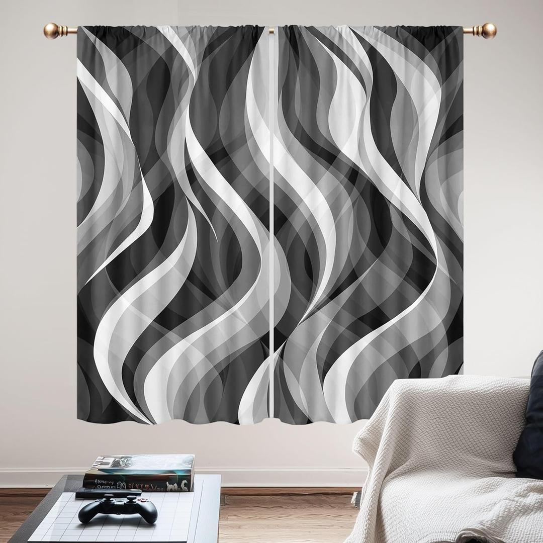 Black and White Modern Curtains for Living Room, Black and Grey Dark Gray Modern Abstract 42Wx63H Inch Rod Pocket Ombre Wavy Line Art for Mens 2 Panel Window Treatment Set for Bedroom Decor