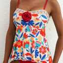 Aleumdr Womens Tankini Swimsuit Flower Flyaway Two Piece Bathing Suit Bandeau Swim Top with High Waisted Bottom (XXL)