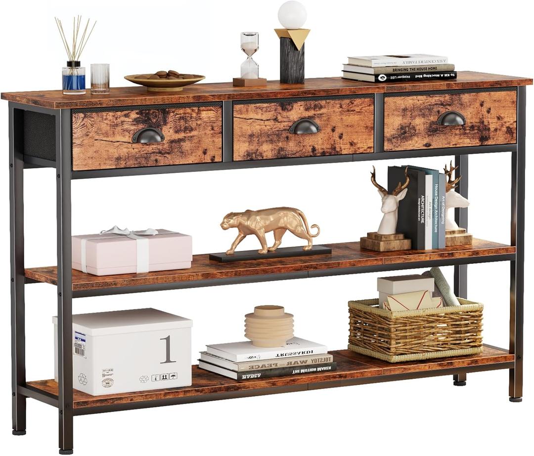 Furologee Long 47" Console Sofa Table with 3 Drawers, Entryway Table with 3-Tier Storage Shelves, Industrial Display Shelf for Entry Way, Hallway, Couch, Living Room, Kitchen, Foyer, Rustic Brown (47.2 inch)