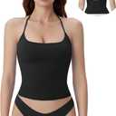 SUUKSESS Halter Tops for Women Tank Tops with Built in Bras Double Lined Open Back Y2K Going Out Camisole (Small, Black)
