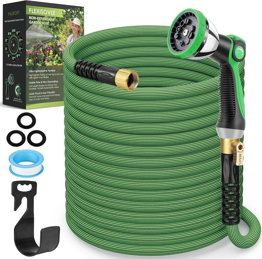 Non-Expandable Garden Hose 100 ft, Ultra Lightweight Flexible Water Hose with 10-Pattern Nozzle, Leak-Proof, High-Density Fabric, Thickened Connector, Shut-Off Valve for Yard, Lawn, Outdoor (Green)