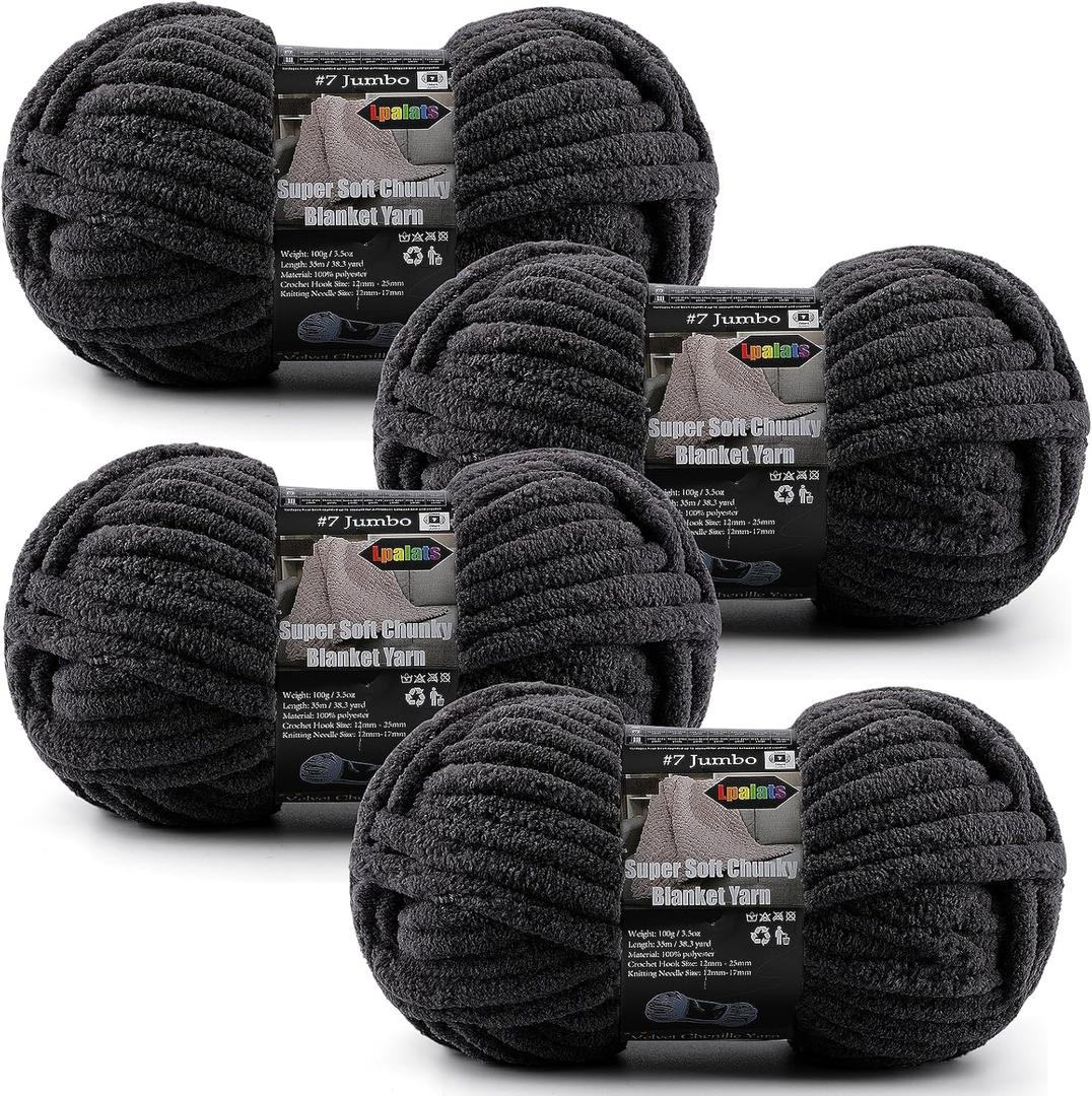 4-Pack Chunky Yarn for Crocheting Blankets & Big Projects - 14oz/152.8yd Total, Ultra Soft & Bulky Chenille Yarn, Perfect for Blankets, Amigurumi, Black