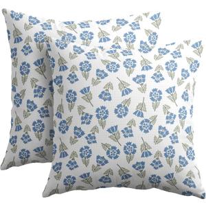 Blue Green Block Print Pillow Covers 18x18 Set of 2 Floral Spring Summer Flower Pattern Decorative Neutral Outdoor Throw Pillowcases Boho Cushion Cover Rustic Decoration Farmhouse Sofa Couch Bed Decor