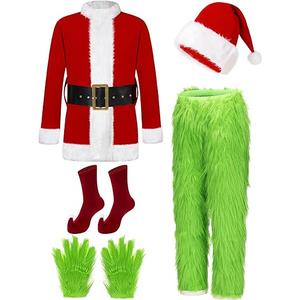 DJKFAEK Green Monster Santa Claus Costumes for Men,Christmas Furry Santa Claus Costume Include Mask for Halloween Cosplay (2XL)