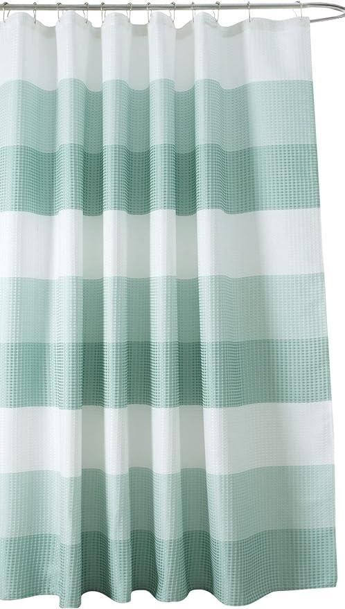 Green Fabric Shower Curtain for Bathroom: Luxury Waffle Striped Diamond Jacquard Weave 70x72, Green