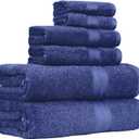 Amazon Basics 6 Piece Oversized Fade resistant Towel set, 100% Cotton towels for bathroom, soft and absorbent, 2 Bath Towels, 2 Hand Towels and 2 Washcloths bathroom towel set, Navy Blue