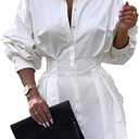 Sexy Mini Shirt Dress for Women - Casual Button Down Blouse Long Sleeve V Neck Belted Shirts Blouse Top Short Dress M