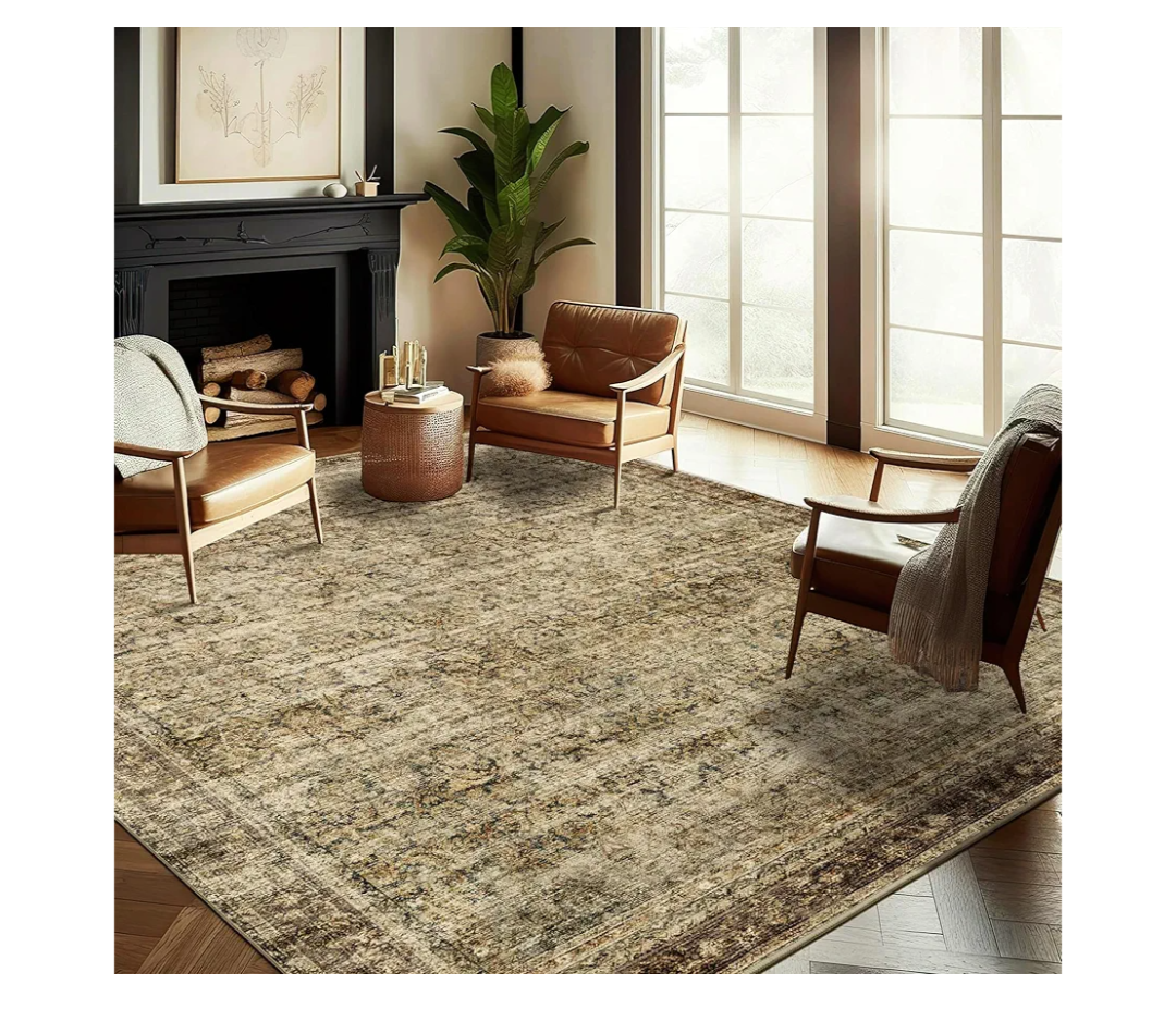 Area Rug 9x12 Washable Brown Vintage Traditional Mat Distressed Indoor Foldable Thin Retro Accent Floral Non Slip Carpet for Living Room Dining Room Office
