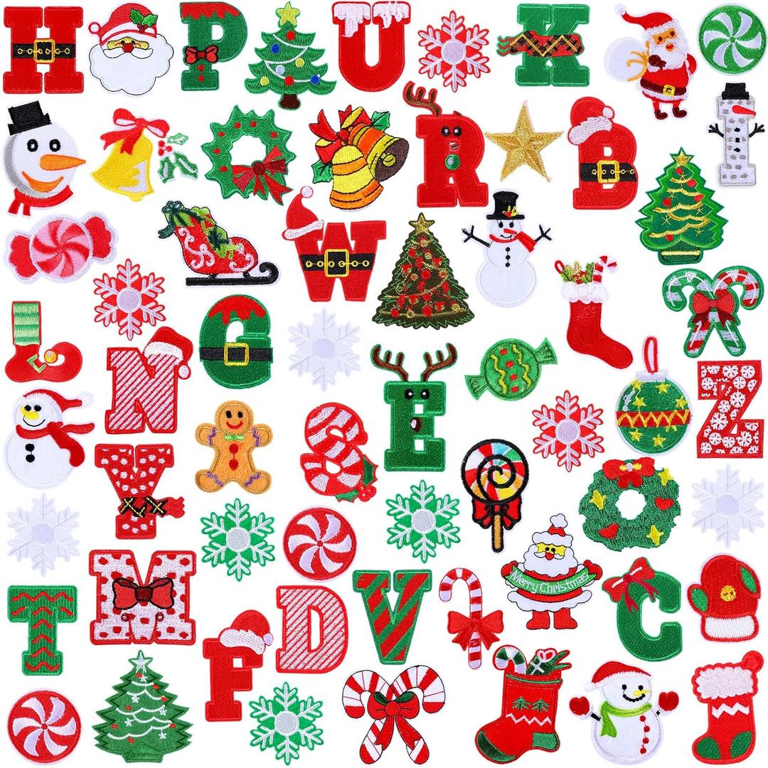 Lyrow 62 Pcs Christmas Iron on Patches Cartoon a to Z Letter Christmas Embroidered Applique Repair Patches for DIY Craft Clothing Jackets Jeans Bags Dress Hats Xmas