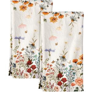 Flour Sack Kitchen Towels - Set of 2 Cotton Dish Towels with Hanging Loop Decorative 16x26 Inch Absorbent Cute Design for Housewarming Gifts, Retro Floral