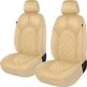 CAROMOP Luxury PU Leather Car Seat Covers Front Set, Anti-Stain Waterproof Automotive Seat Covers for Cars, Universal Car Interior Covers Seat Protectors for SUVs Pick-up Trucks (Beige/Beige Line)