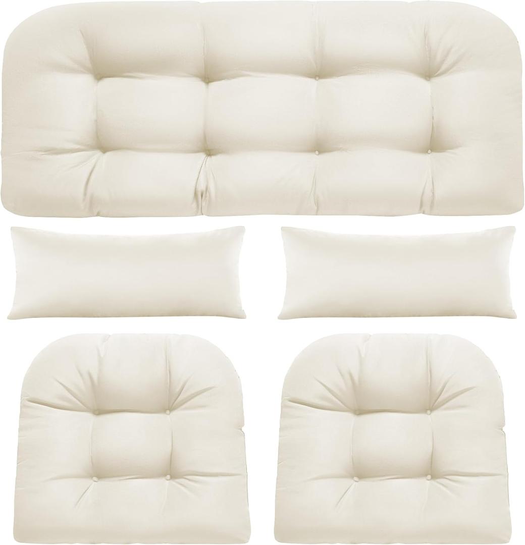 Wicker Chair Cushions of 5 Pieces, Waterproof Outdoor Loveseat Cushion for Wicker Furniture, 1 Love Seat Cushion, 2 U-Shape and 2 Lumbar Pillows for Patio Furniture (Cream)