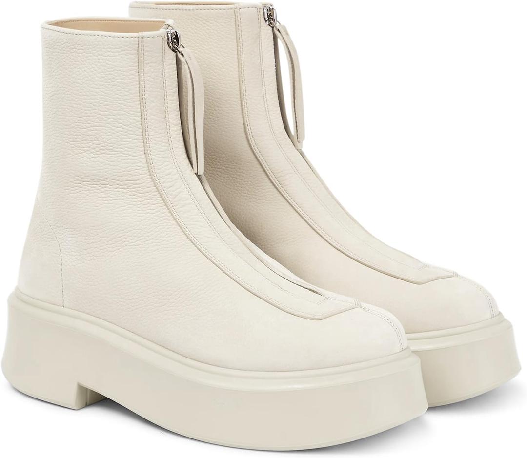 Coutgo Womens Front Zip Ankle Boots Comfortable Platform Flat Chunky Heel Booties Round Toe Casual Winter Snow Boots (9, Beige)