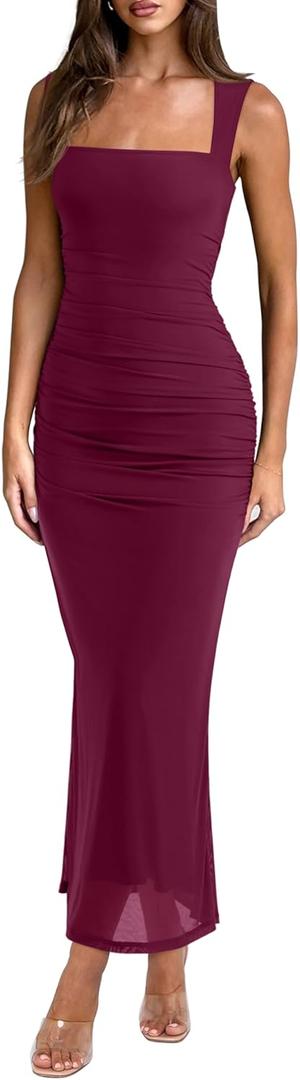 REORIA Summer Wedding Guest Maxi Dresses for Women Sleeveless Square Neck Sheer Mesh Ruched Bodycon Long Dress Trendy Clothes, Small