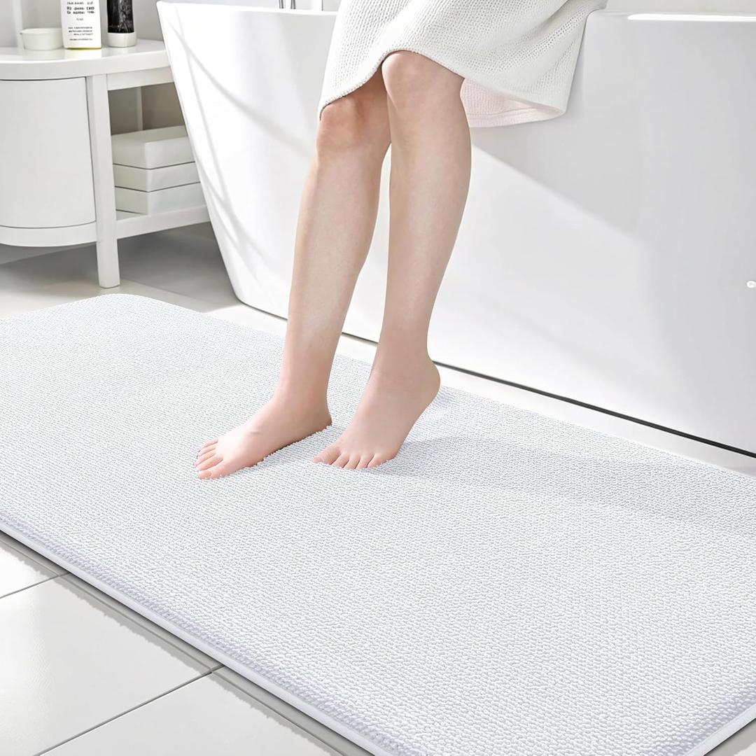OLANLY Thick Memory Foam Bathroom Runner Rugs 70x24, Extra Soft Absorbent Long Bath Rug, Quick Dry Bath Mats, Non-Slip, Machine Washable Mat for Bathroom, Tub and Shower, Home Decor Accessories, White