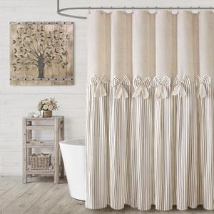 Farmhouse Shower Curtain Linen Beige Bow Woven Fabric Country Rustic Western, Pleated Beige Stripe 72" W x 72" L