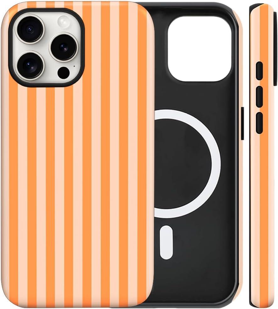 Magnetic for iPhone 15 Pro Max Case Cute Stripes Phone Case, Shockproof Slim TPU and Hard PC Protective Phone Cover Compatible with MagSafe Designed for Women Girls, Orange