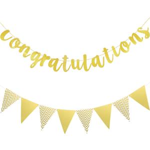 Boao Pre-Strung Congratulations Banner Sign Glitter Congratulation Banner 10 ft Congrats Garland for Graduation, Wedding, Retirement, Baby Shower, Birthday, Celebration Party Decorations (Gold)