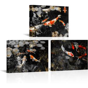 RyounoArt Koi Fish Canvas Wall Art Framed Black and Gold Fish Painting Prints Wall Decor 12 * 16in*3pcs