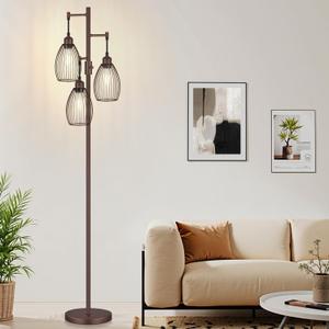 Nintiue Dimmable Floor Lamp,3x800LM LED Bulbs Included, Farmhouse Industrial Floor Lamp Standing Tree Lamp with Teardrop Cage Head Tall Lamp for Living Room Bedroom Office Dining Room - Matte Brown