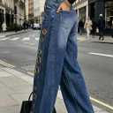 Kwunbwa Women's Metal Circle Cut Out Jeans Baggy Wide Leg Denim Pants (Blue, S)