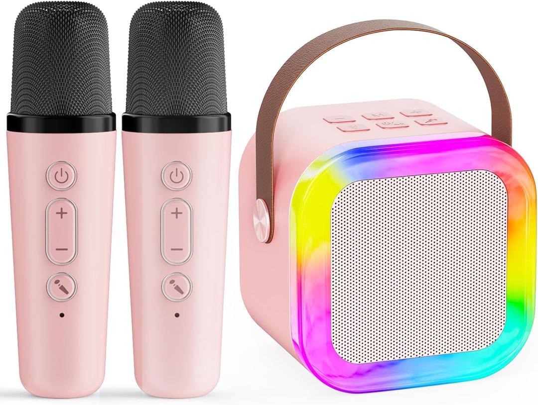 Karaoke Machine for Kids,2025New Mini Portable Karaoke Toys, Karaoke Speaker with 2 Wireless Microphone & Light for Home Party for Adults (Pink-2Mic)
