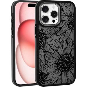Case for iPhone 14 13 Design On Matte Black Base,Compatible with MagSafe,Slim Protective Bumper,Magnetic for Women Girls Case for iPhone 14 13-Black Sunflower Floral Black
