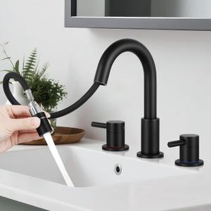 Pull Down Bathroom Faucet for Sink 3 Hole,8 inch Widespread Matte Black Bathroom Sink Faucet with Pop Up Drain, Water Supply Hoses