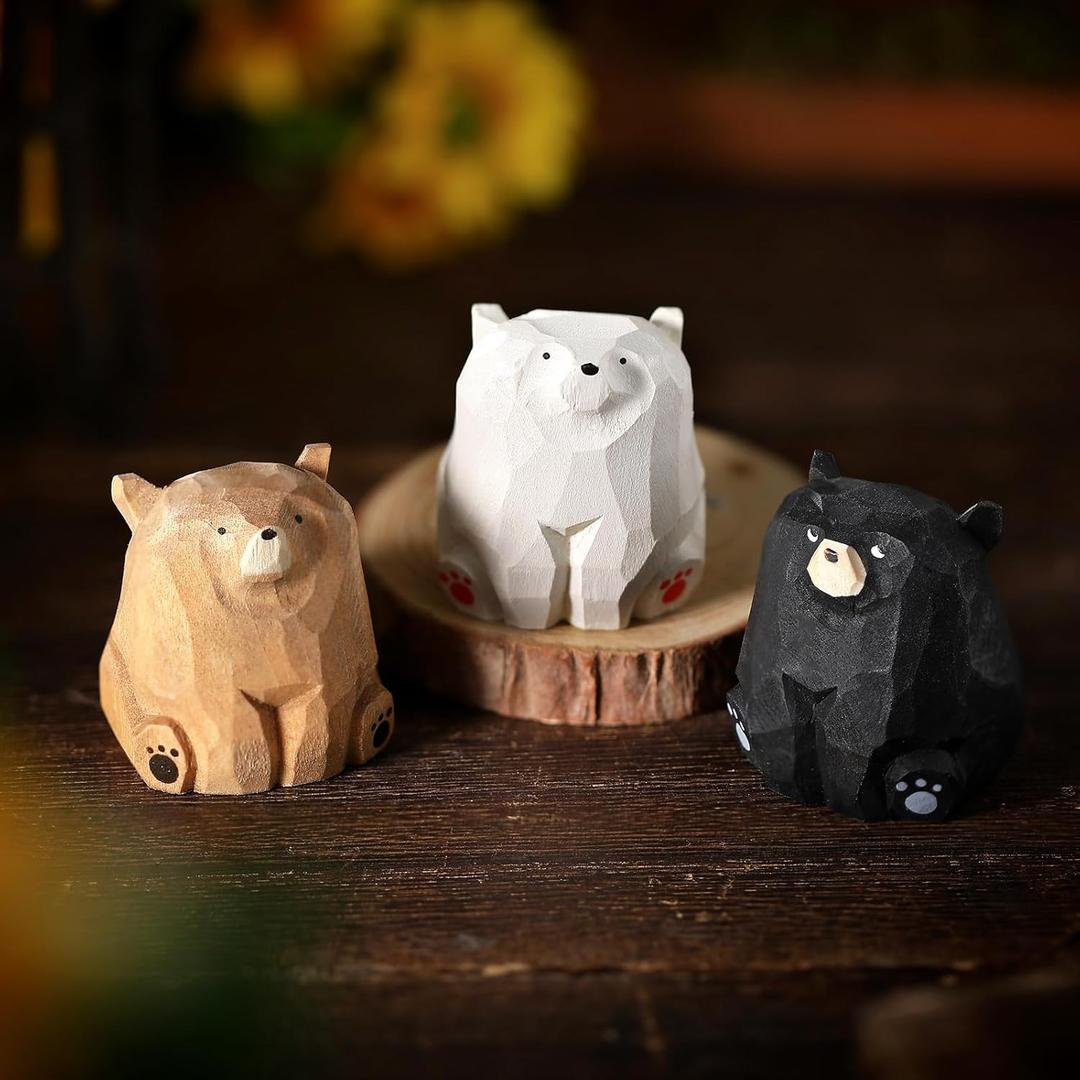 3 Pcs Miniature Bear Statues Funny Wooden Bear Figurines Safari Decor Woodland Animal Decor Rustic Wooden Animal Figurines for Bedroom Playroom Gift(1.2 x 1.4 Inch)