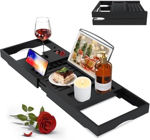Luxury Bathtub Caddy Tray for Tub - Foldable Bamboo Bath Table Tray with Book and Wine Glass Holder, Expandable Bathroom Accessories for Spa or Reading Lite Style,Black