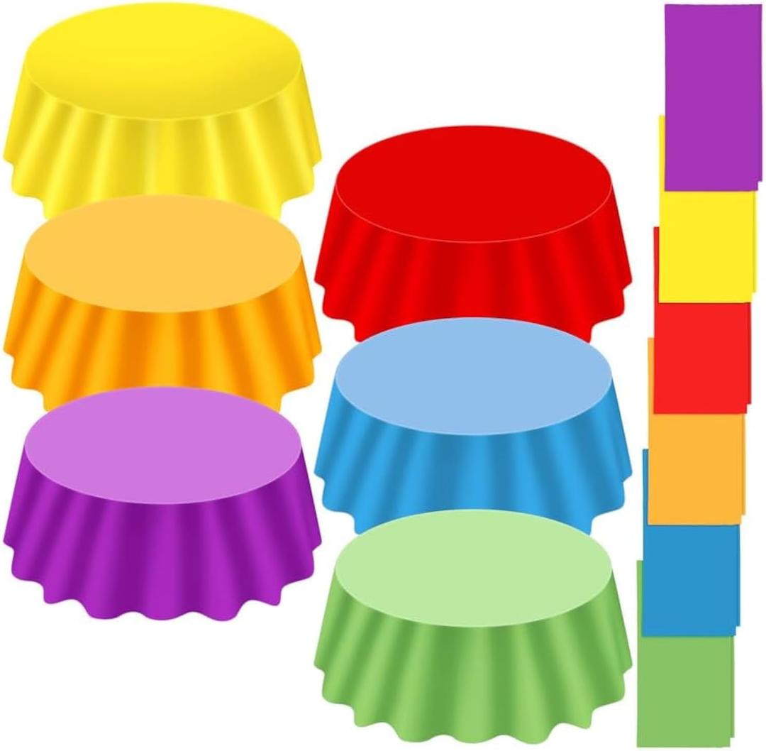 Ganeen 12 Pcs Colorful Tablecloth Neon Party Decorations 84 Inch Round Rainbow Table Cloths Plastic Tablecloth Disposable Round Plastic Pastel Table Cover for Wedding Birthday Party