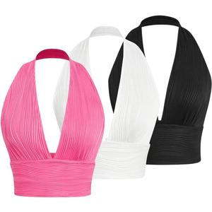Floerns Women's 3Pcs Deep V Neck Seamless Knitted Backless Halter Tank Crop Top