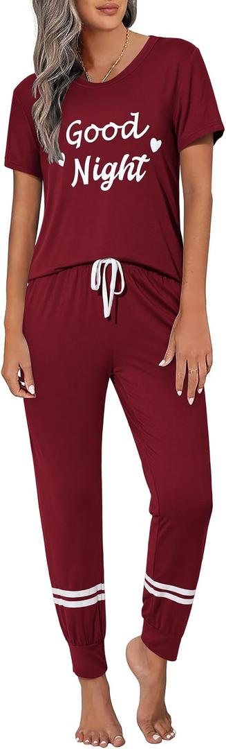 Ekouaer Womens Pajamas Set 2 Piece Lounge Pj Set Short Sleeve Sleepwear Tops with Joggers Pants Loungewear Print Nightwear, Medium