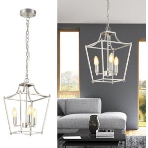 Lantern Pendant Light Brushed Nickel Pendant Light Fixtures 3-Light Lantern Light Fixture, 9.4" Adjustable Hanging Pendant Lighting for Dining Room Kitchen Foyer Bedroom