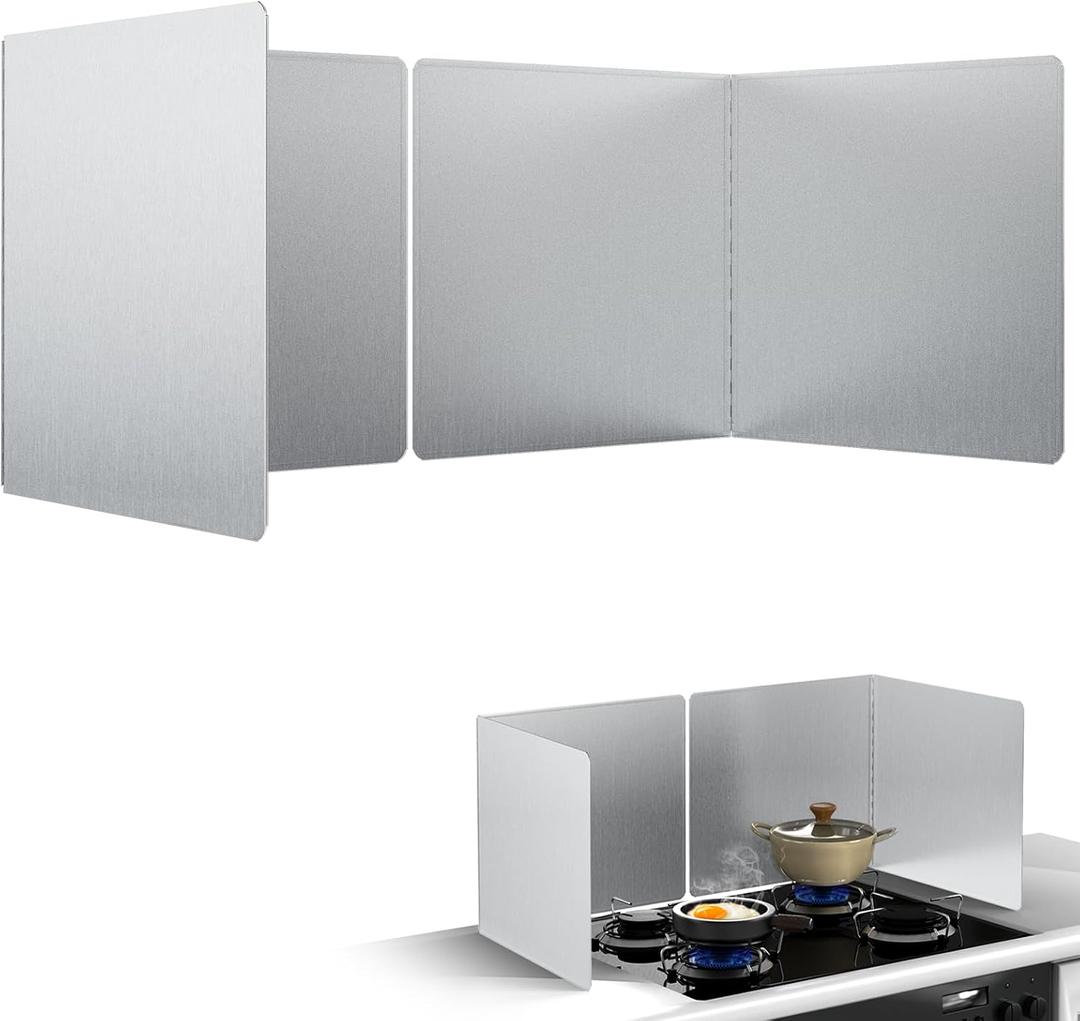 18"x16" 2 Pack Foldable Stainless Steel Stove Splash Guard, Heat Resistant Oil Splash Backsplash Panel with Edge Guard, Kitchen Countertop Stove Heat Insulation Splash Protector