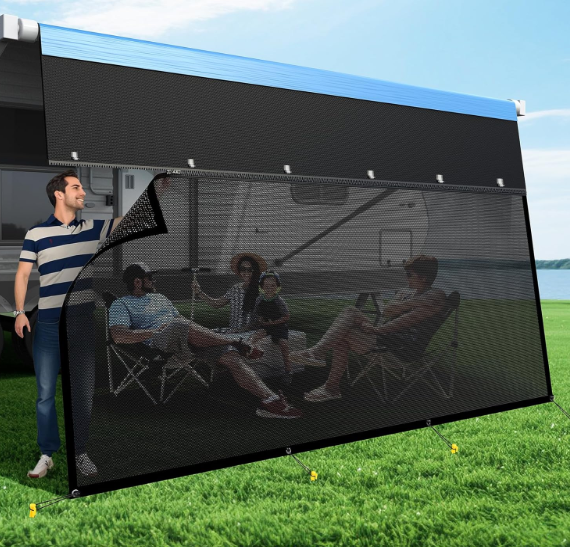 RV Awning Sun Shade Screen with Zipper, Upgrade 600D Oxford Top + 8.11oz Denser Mesh Bottom, 95% UV Protection, Easy Install Sunscreen Shade Complete Kits for Trailer Awning 8' x 11'3''