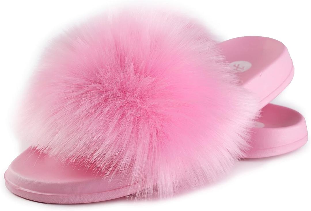 Women's Faux Fur Slides, Open Toe Cute Fur Slippers, Indoor or Outdoor Comfortable Furry Slide Sandals With Fluffy Fur (8-8.5)