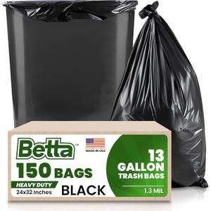 Betta 13 Gallon Black Trash Bags, 150 Count Box, (24x32-inch) Commercial Heavy-Duty Garbage Can Liners for 10-13 Gallon Round Cans, 8-12 Gallon Slim and Square Cans