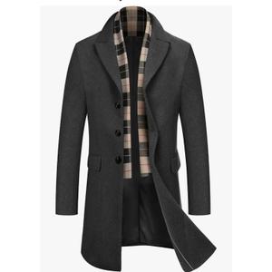 COOFANDY Men's Wool Blend Coat with Detachable Plaid Scarfs Notched Collar Single Breasted Pea Coat Trench Overcoat, Size M
