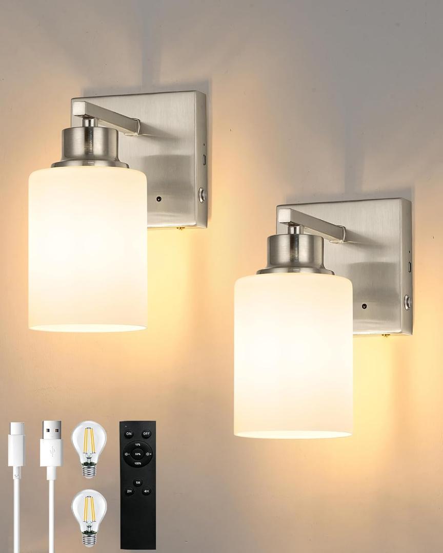 Rayogale Wireless Wall Sconces, Nickel Battery Operated Wall Sconce Set of 2 with Timer Function, Easy Install Dimmable Rechargeable Wall Lamps for Living Room, Bedroom, Hallway, Entryway Decor 3000K