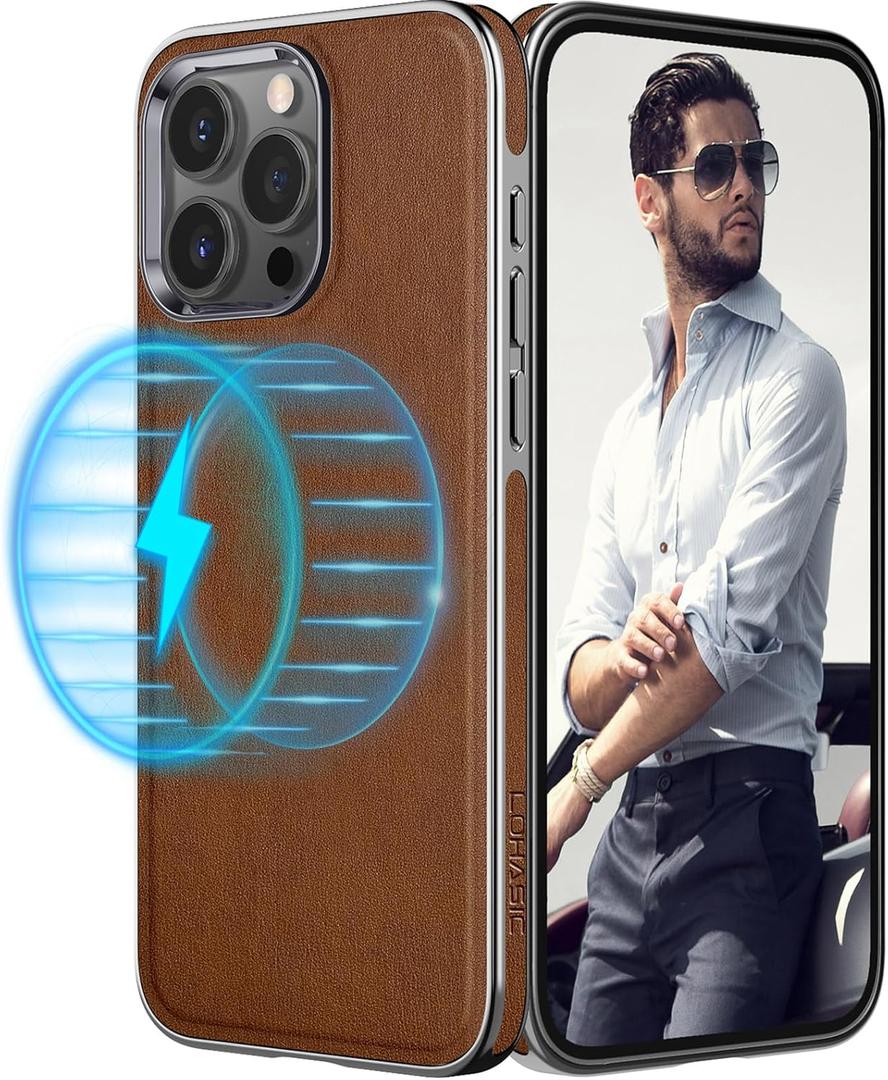 LOHASIC for iPhone 15 Pro Max Case Leather  Soft Magnetic Cover Compatible with MagSafe Accessories, Classic Minimalist Designer i Phone 15 Pro Max Case for Business Men Women, Brown