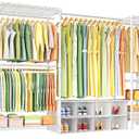 Ulif E10 Clothes RackWith Stretchable Hanger RodFreestanding Clothing Racks for Hanging ClothesAdjustable Closet Organizer SystemPortable Garment Rack 73-97"W x 15" D x 72" HMax Load 800LBSWhite