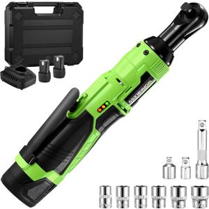 3/8" Electric Ratchet Wrench Set, 12V Cordless Ratchet, Power Socket Wrench Set with Variable Speed, 6 Sockets, LED Light, 1/4" Adapter, 1/2" Adapter, 2 x 2.0Ah Battery