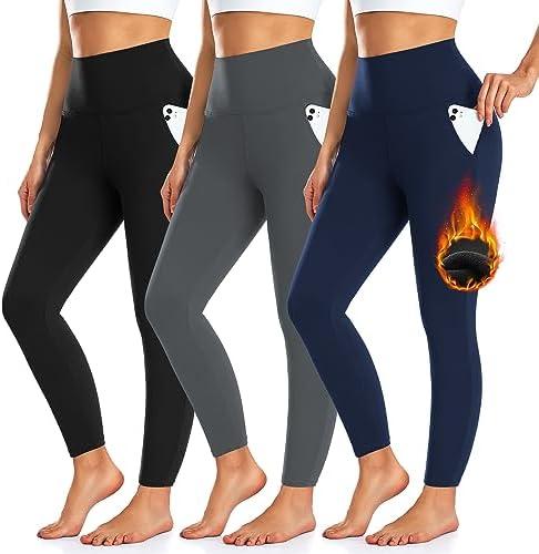 3 Pack Fleece Lined Leggings Women with Pockets -Warm Winter Yoga Pants for Women Thermal Running Workout Leggings L/XL