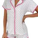 COZYEASE Womens Silky Pajamas Set Heart Print 2 piece Sleepwear Short Sleeve Button Down Shirt with Shorts (White, L)