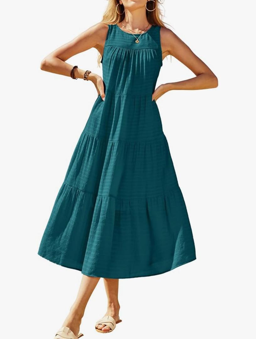 Newshows Women's 2024 Summer Midi Dresses Sleeveless Crewneck Beach Boho Casual Loose Long Flowy Tiered Sundress with Pockets, Size XXL